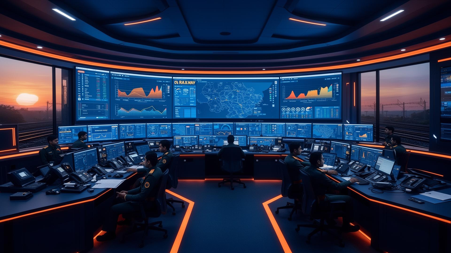 Railway control room with analytics dashboards
